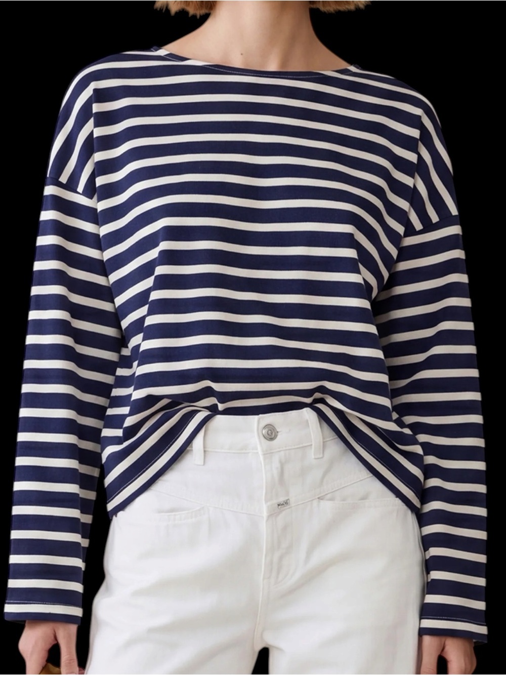 Caara Few Moda Harriet Cotton Top Striped Boatneck Long Sleeve Navy & White